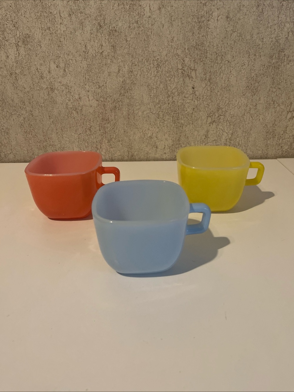 Vintage 1950’s Glasbake Pastel Square Coffee Mugs J-2265 MCM Set of 3 Stackable
